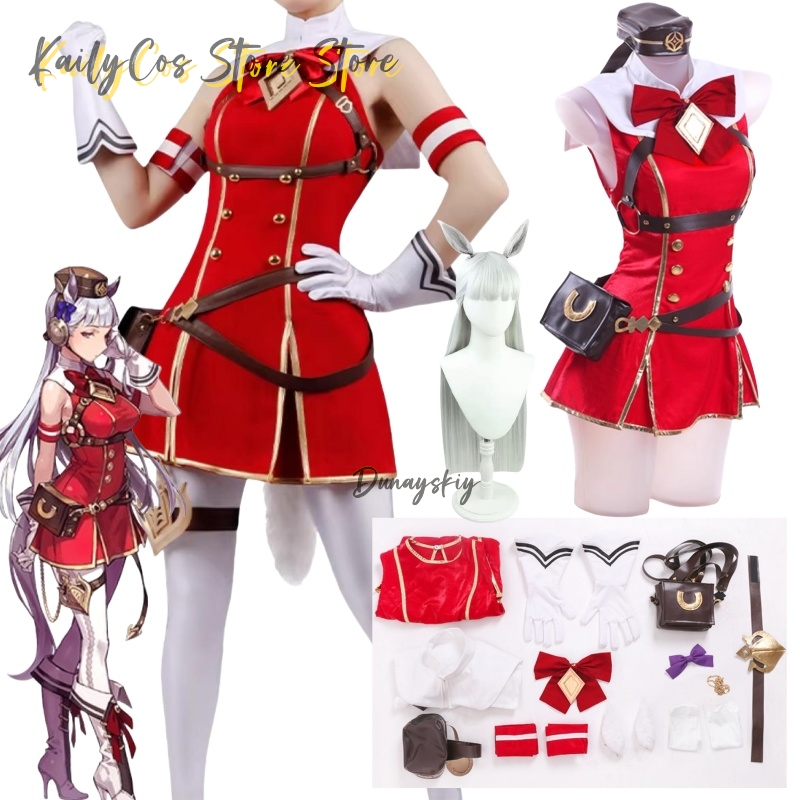Anime Cosplay Red - Peruka, kapelusz, uszy, ogon, czerwony strój,