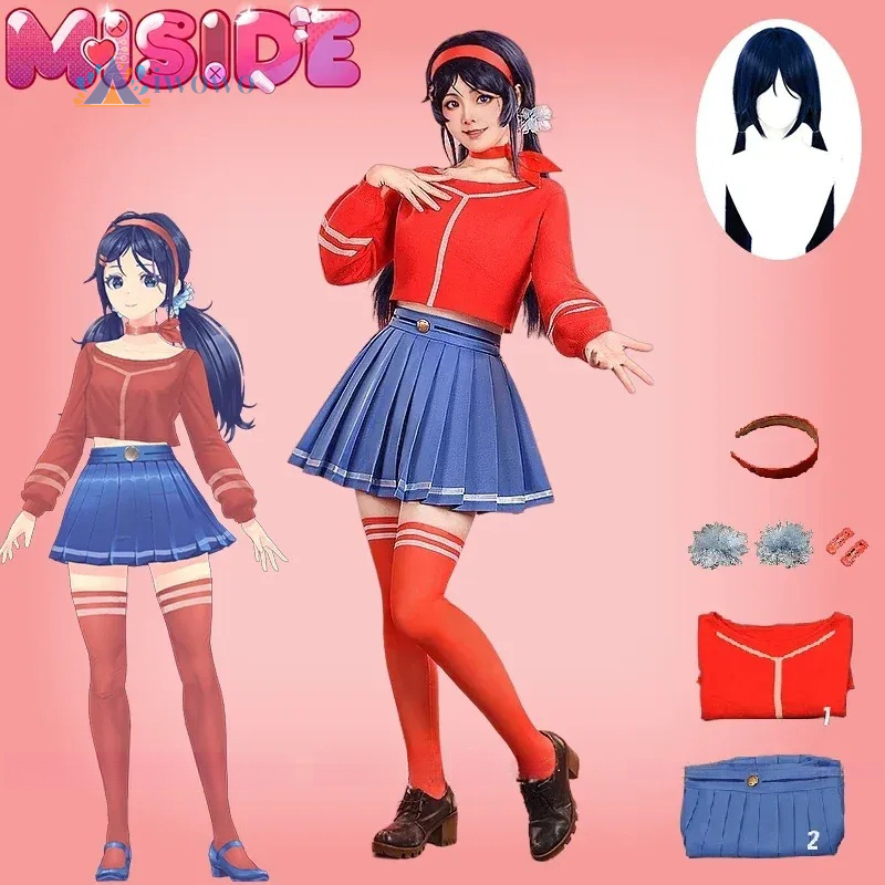 Anime Cosplay Red - Kostium Cosplay MiSide Mita, Peruka, Czerwony